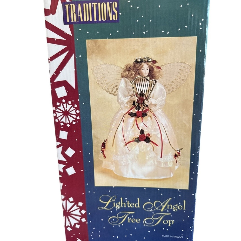Traditions Lighted Angel Christmas Tree Topper Porcelain Head/Hands 12.5" w Box